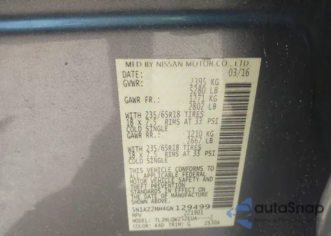 2016 Nissan Murano Sv from USA, damaged, VIN 5N1AZ2MH4GN129499